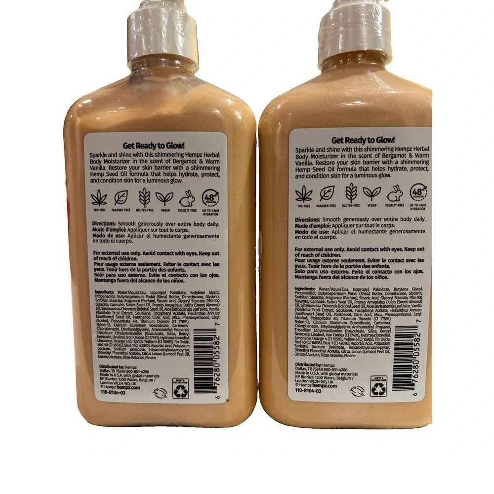 HEMPZ GLOW GETTER Herbal Body Moisturizer Bergamot & Warm Vanilla 17 floz 2 PACK